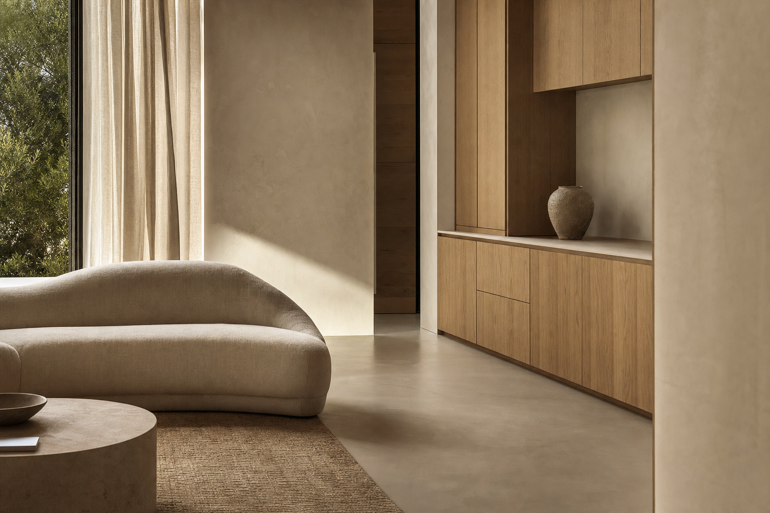 Warm minimalist interior with Venetian plaster walls, oak joinery and a seamless micro-cement floor