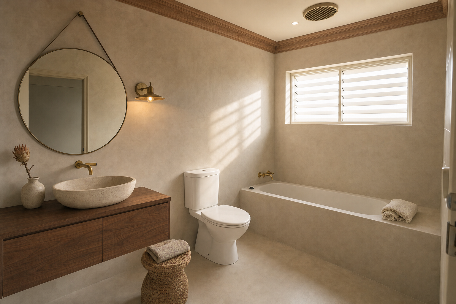 Same bathroom after renovation — seamless warm off-white micro-cement over the existing tiles, brass tapware, new vessel basin and framed mirror