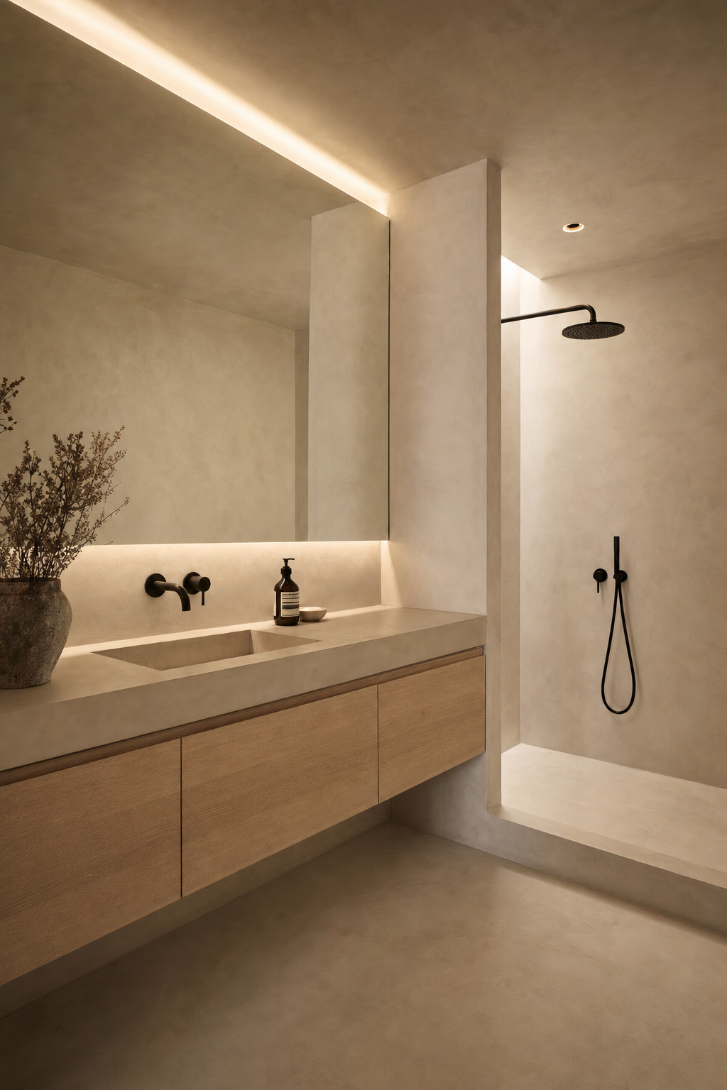 Ensuite bathroom finished in seamless micro-cement with an oak floating vanity