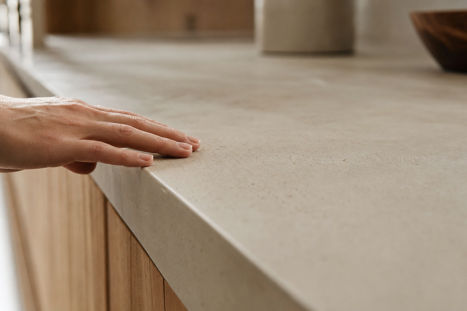 Close-up of a seamless micro-cement kitchen benchtop with hand-trowelled cloud texture and oak cabinetry below