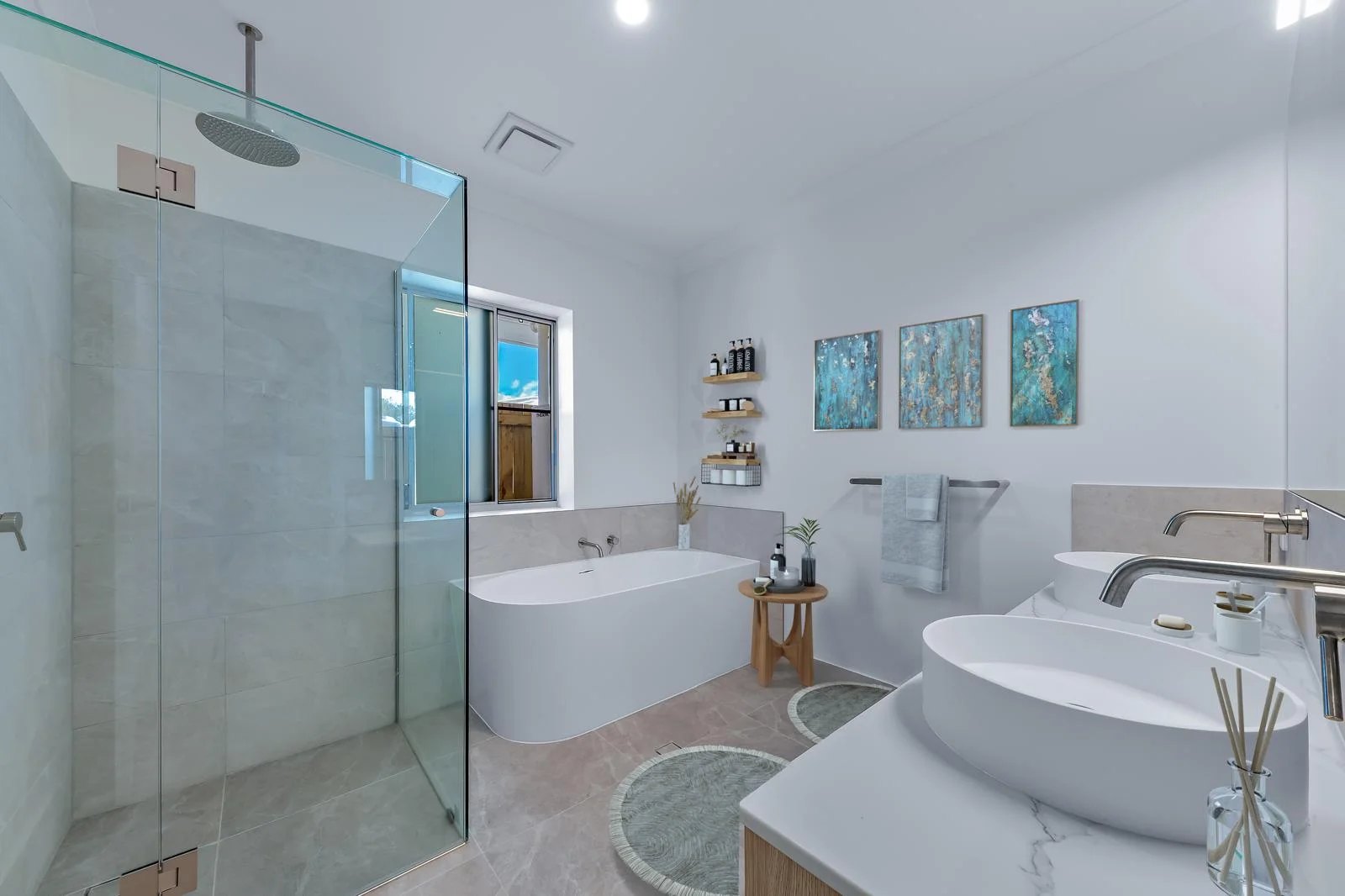 Private Hideaway Bay residence main bathroom — twin vanities and freestanding tub